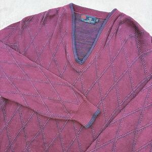 Vintage Isle Of Cotton Sweater Mens XL Tall Red Diamond Geometric V Neck USA